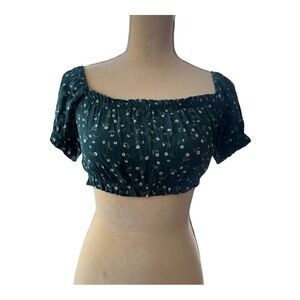 Dark Green‎ Ditsy Floral Smocked Crop Top Short Puff Sleeve Square Neck Boho